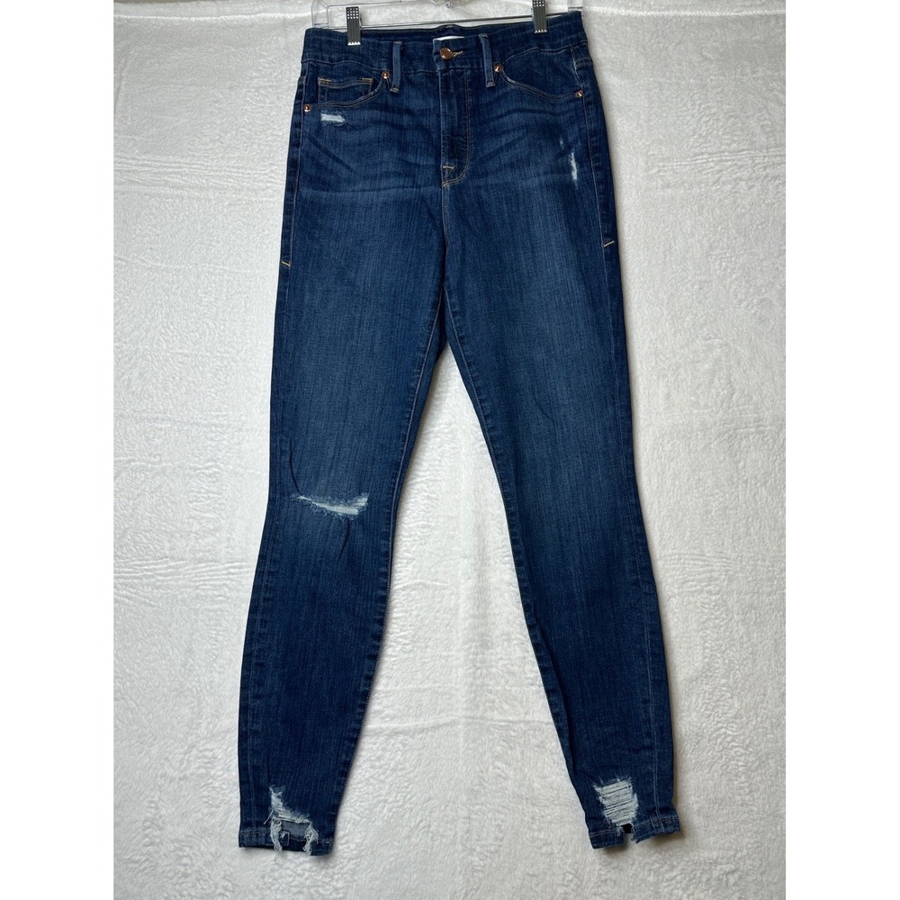 Good American Good Waist Distressed Skinny Jeans Dark Wash Step Hem Size 6/28